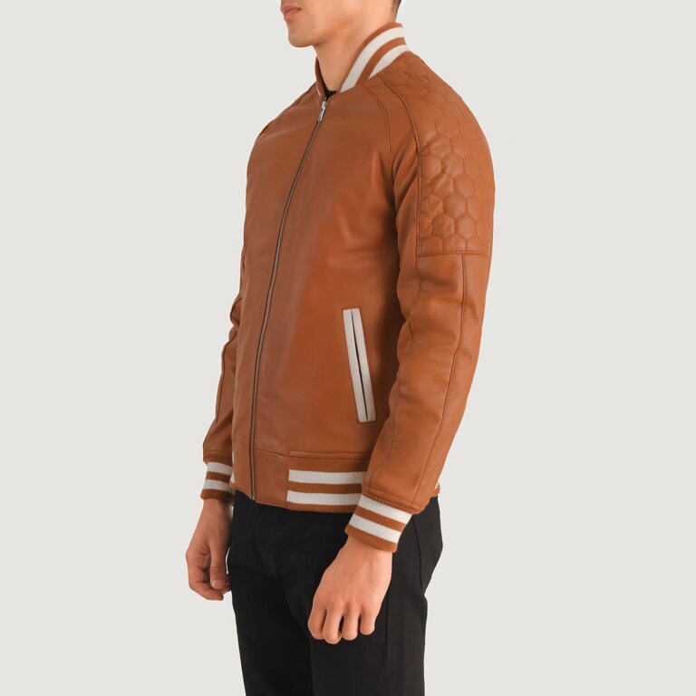 Mens Pascal Tan Brown Leather Varsity Jacket Side Pose-3-1704124675494